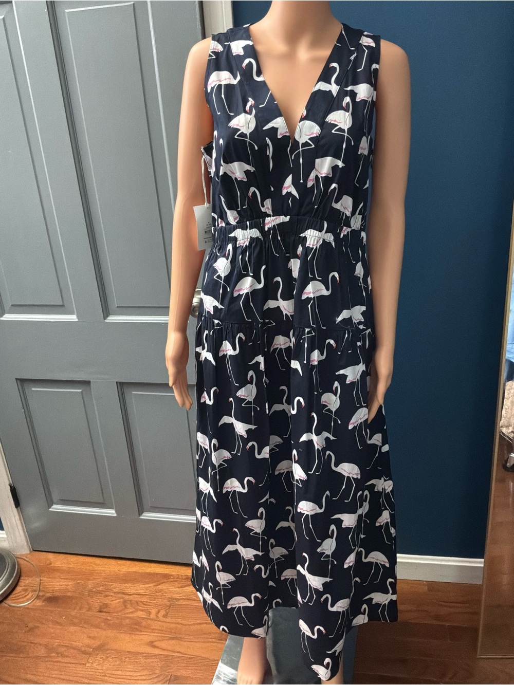 Sleeveless Navy Flamingo Print Midi Dress